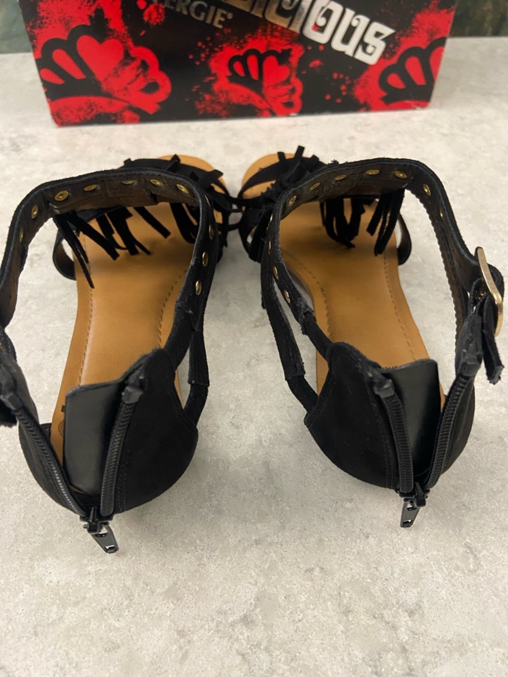 Sale! Fergalicious Black Leather Fringe Gold Studded Gladiator Sandals, size 7M - Picture 10 of 14